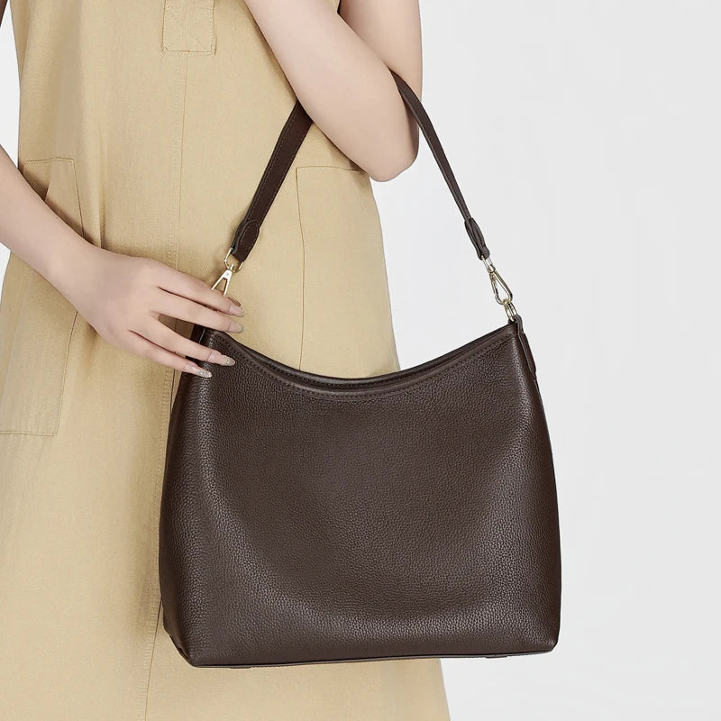 Genuine Cowhide Leather Hobo Shoulder Bag for Women Luxury Designer Pebbled Leather Large Capacity Crossbody Tote Underarm Bag