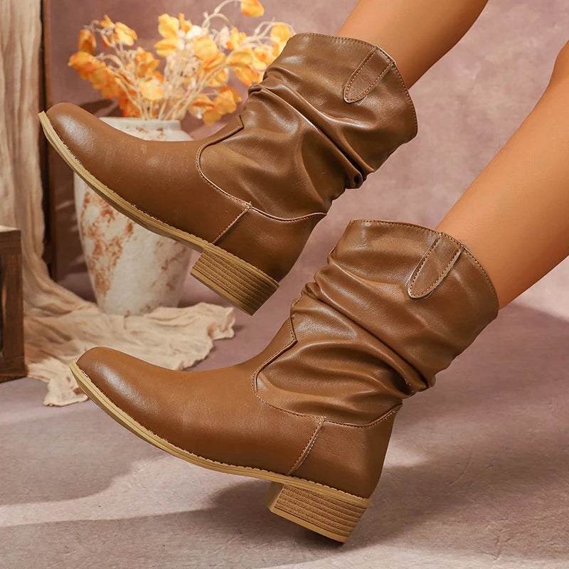 Brown Pu Leather Pleated Ankle Boots Women Plus Size 36-43 Thick Heeled Western Booties Mujer 2025 Slip On Cowboy Boots Woman