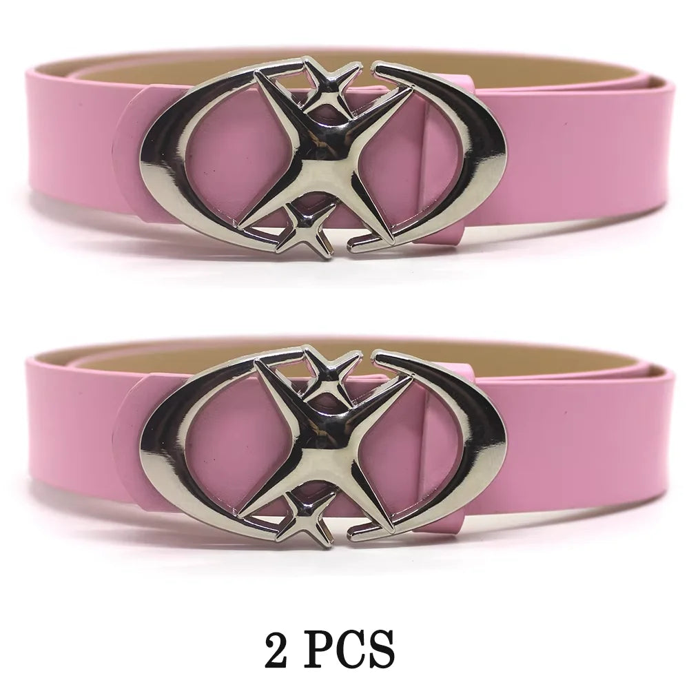 2 PC Punk Gothic Moon Star Buckle Belt PU Leather Y2K Waistband for Men Women