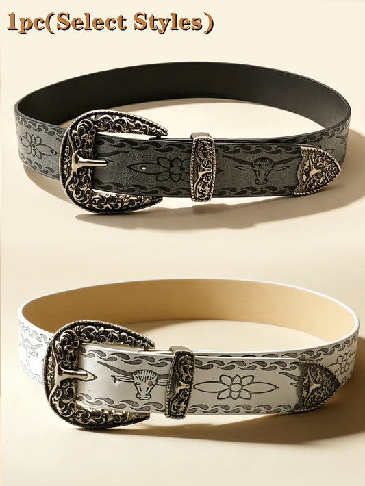 Western Style Bull Head Engraved Belt, Vintage Distressed Silver Buckle Unisex Cowboy Waistband