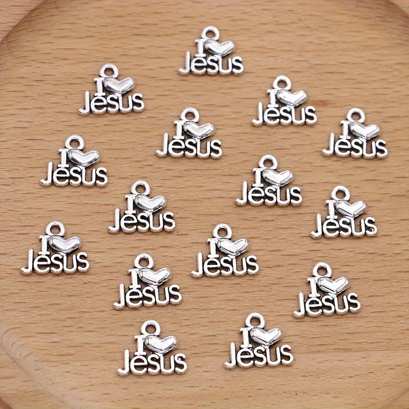 15Pcs Antique Silver Plated I Love Jesus Charms Pendants for Jewelry Making Necklace Bracelet Handmade DIY Accessories