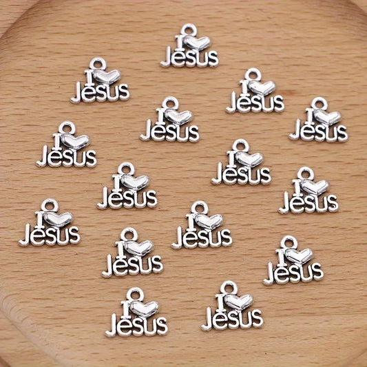 15Pcs Antique Silver Plated I Love Jesus Charms Pendants for Jewelry Making Necklace Bracelet Handmade DIY Accessories