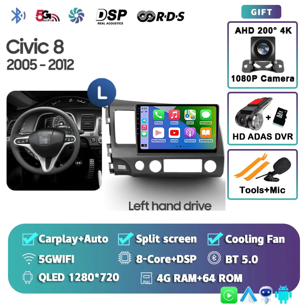 For Honda Civic 8 2005 - 2012 Android 15 Carplay Auto 4G WIFI Car Radio Multimedia Stereo Video Player GPS Navigation Plug and P