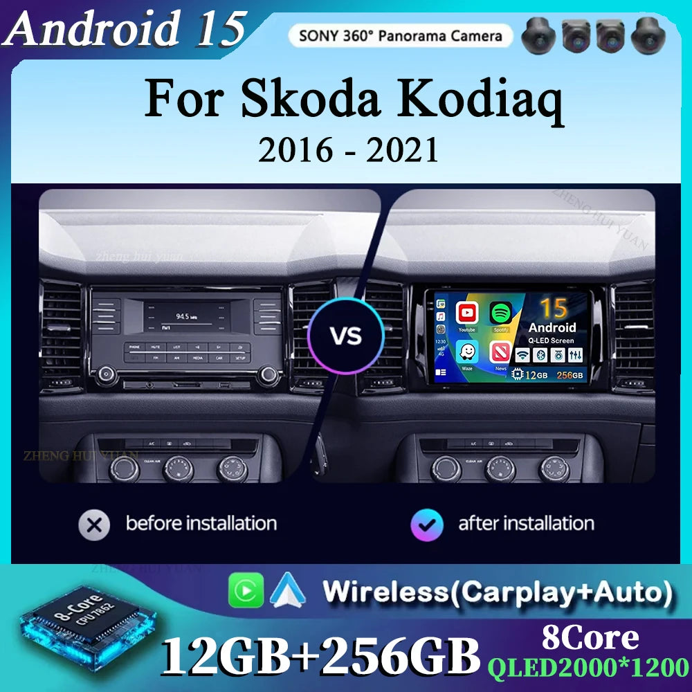 For Skoda Kodiaq 2016 - 2021 Android 15 4G WIFI Car Radio Carplay Auto Multimedia Stereo Video Player GPS Navigation 12+256GB BT