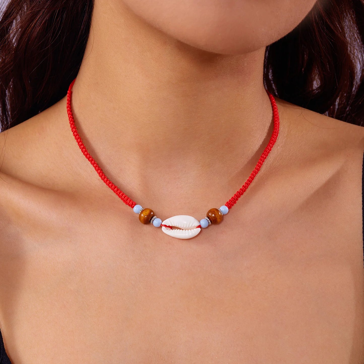 Bohemian Imitation Pearl Ceramic Beaded Shell Necklace for Women Handmade Woven Rope Chain Choker Necklace Summer Beach Jewelry