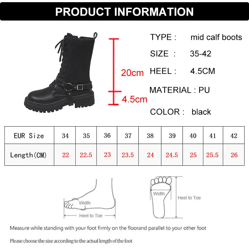 Fashion Belt Buckle Platform Mid Calf Boots Women Black Zipper Thick Sole Motorcycle Boots Woman Punk Pu Leather Botas Mujer