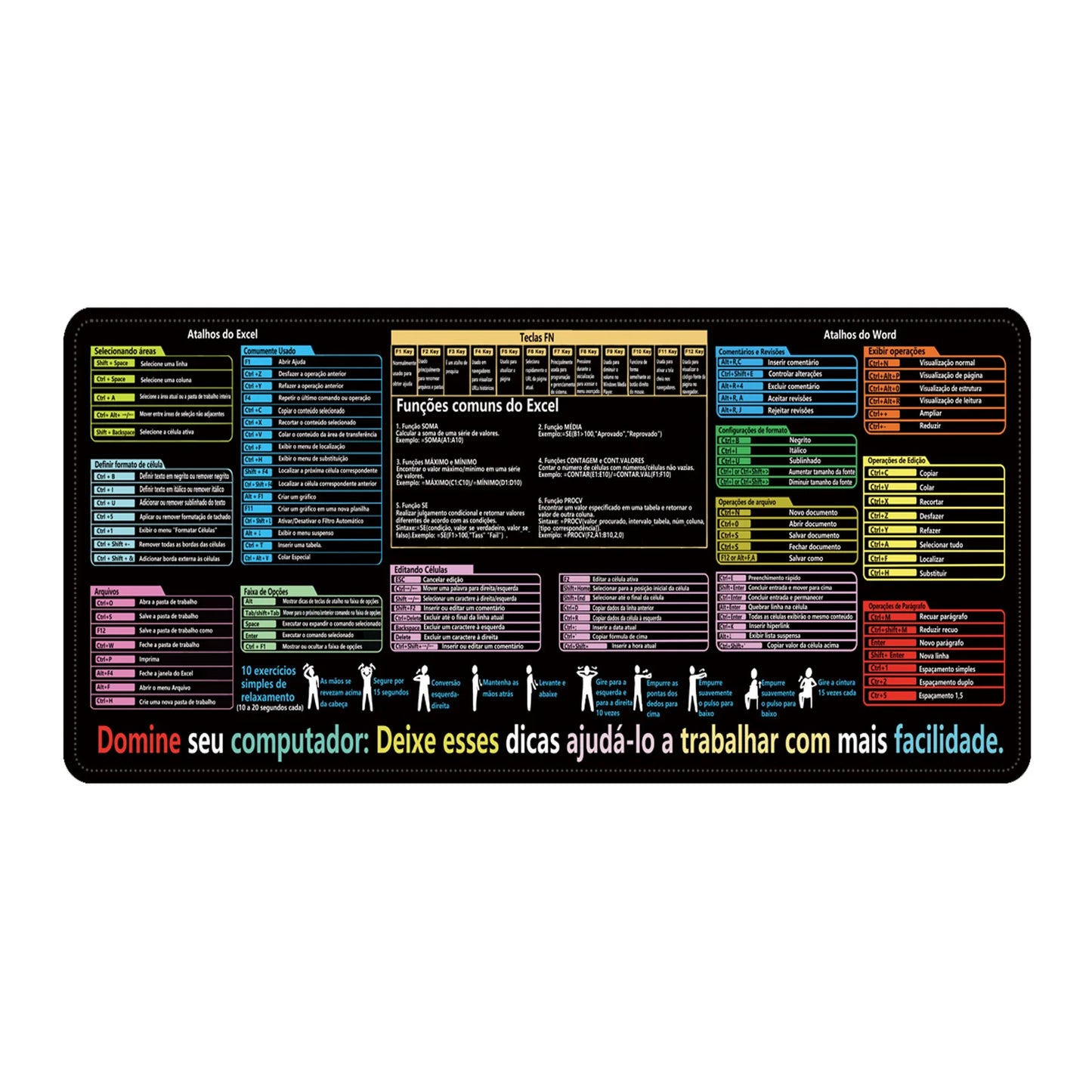 Portuguese Version Excel Shortcuts Keys Mouse Pad Cheat Sheet Keyboard Mouse Mat Keyboard Desk Mat Protector for Office