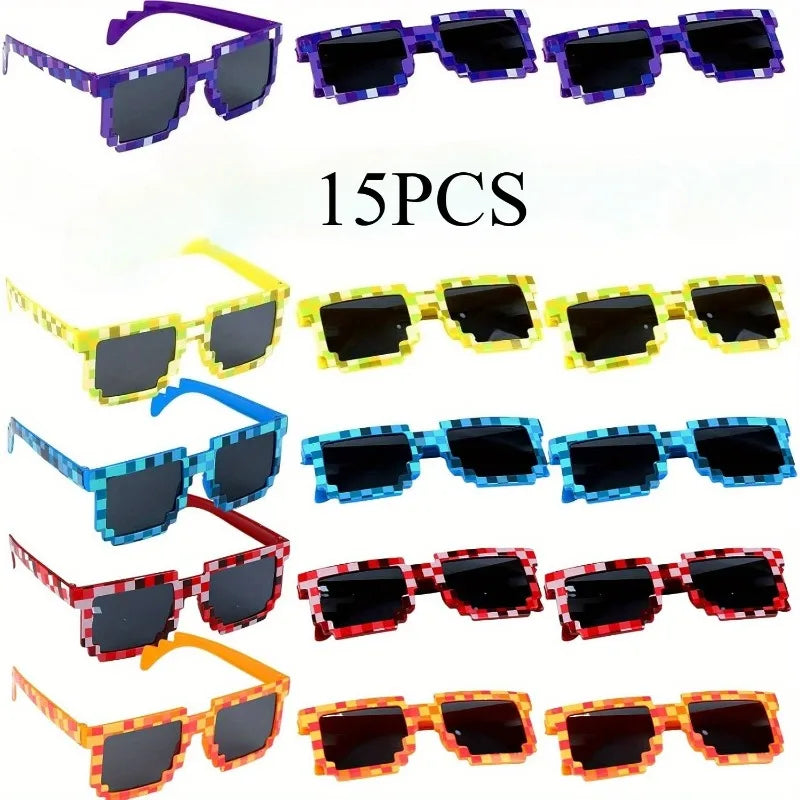 15 Pixel Gaming Glasses - Bright Colors, Durable Plastic Perfect for Adult Gamers' Birthday Parties and Gifts