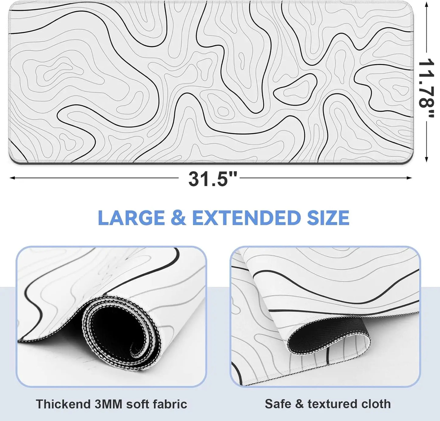 Abstract Topographic Map White Black Gaming Mouse Pad Large Desk Mat with Non-Slip Base Stitched Edge Keyboard Mat for Gaming