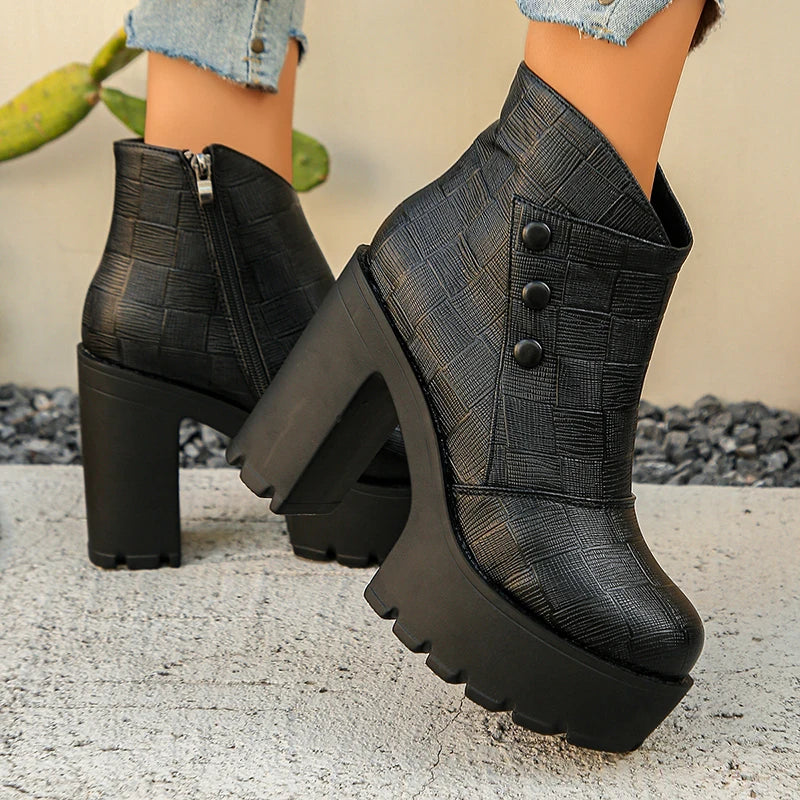 Fashion Black High Heels Ankle Boots Women Plus Size 42 Chunky Platform Short Booties Mujer Pu Leather Thick Heeled Boots Woman