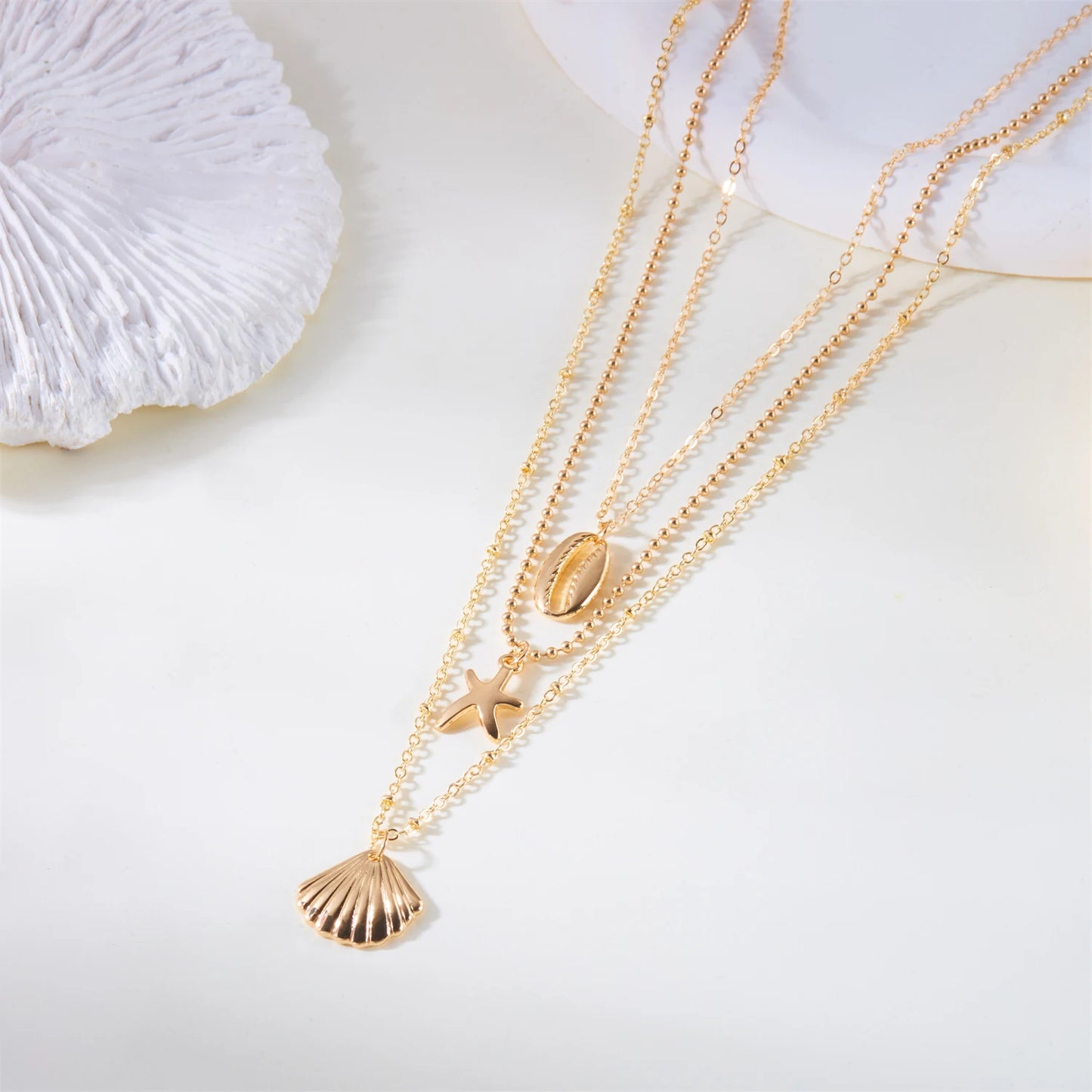 Bohemia Starfish Conch Shell Pendant Necklace For Women Trendy Gold Color Multi-Layer Chain Necklaces Summer Beach Jewelry Gifts