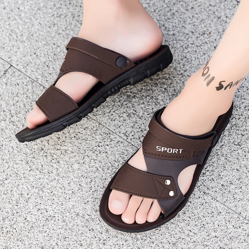Trend Slippers Man Outdoor Leather Men's Sandals Large Size 48 Sandals Men Summer Flat Casual Leather Slippers Sandals For Men