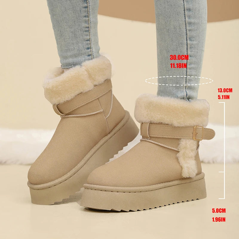 Faux Fur Winter Ankle Boots Women Fashion Buckle Anti Slip Platform Snow Boots Woman Plus Size Faux Suede Warm Short Booties