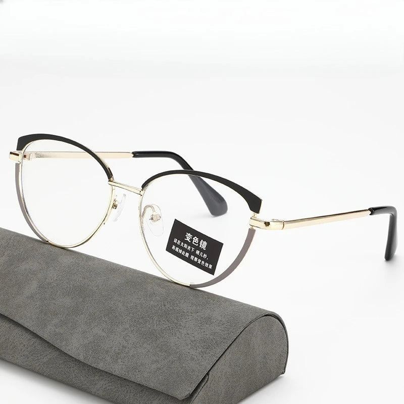 European and American glasses, metal cat eyes, color changing, anti blue light, fashionable and versatile trendy glasses