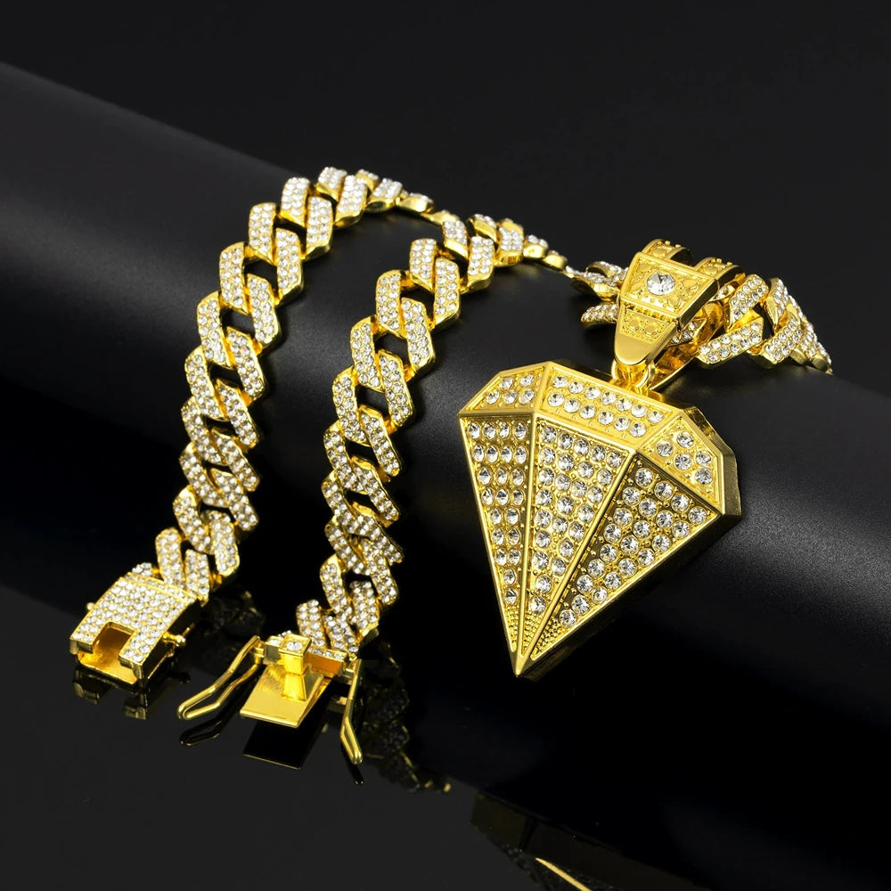 Hip Hop Tapered Pendant Necklace with 14mm Cuban Chain Diamond Shape Pendants Necklaces Fashion Charm Jewelry,For Men And Women