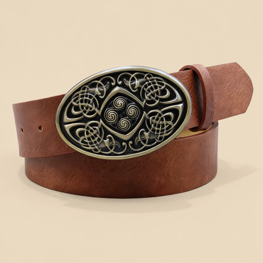 Vintage Celtic Knot Buckle Leather Belt - Embossed Brown/Black Fashion Waist Strap for Men & Women