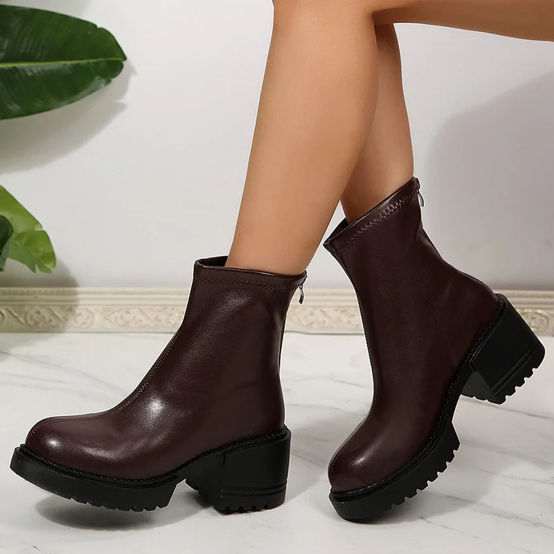 Fashion Thick Heels Ankle Boots Women 2025 Back Zipper Plus Size 35-42 Pu Leather Boots Woman Round Toe Platform Booties Mujer
