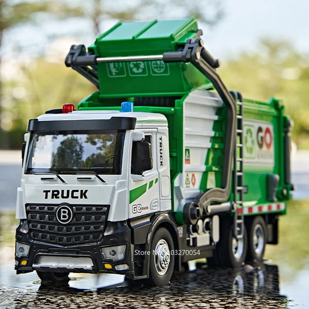 1:18 Alloy Electric City Sanitation Vehicle Hook Truck Toys Car Diecast Model Front End Doors Opened Sound Light Children's Gift