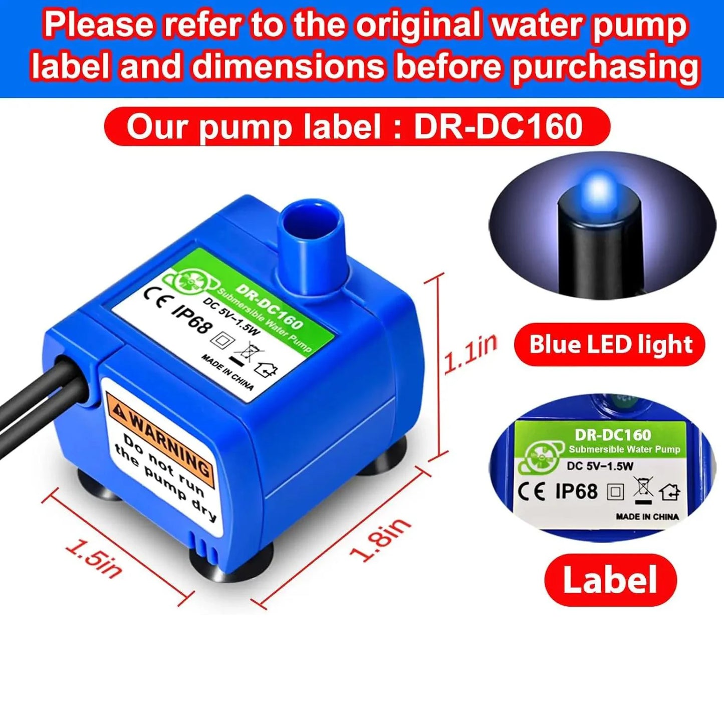 Water Pump Pet Cat Fountain Pump LED Light - Replacement Motor Water Dispenser