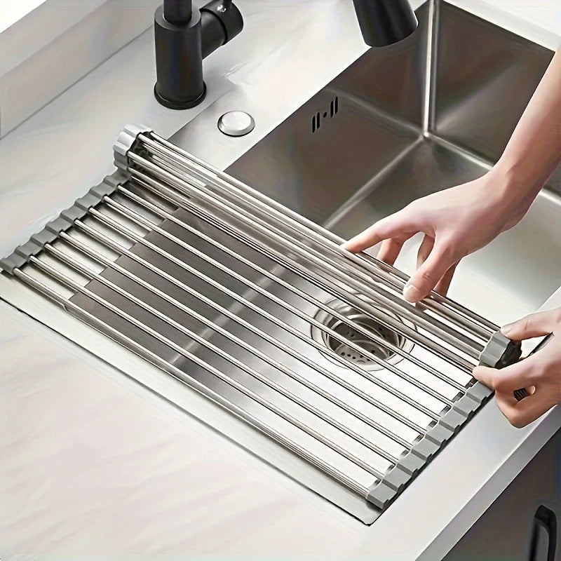 1pc Stainless Steel Kitchen Sink Drain Rack, Sink Bowl And Dish Storage Rack, Foldable Drain Basket, Portable, Easy to Clean