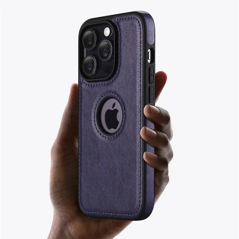 For iPhone 17 Air 11 12 13 14 15 Plus 16 Pro Max Business PU Leather Case Cowhide Logo Hole Shockproof Luxury Protective Cover