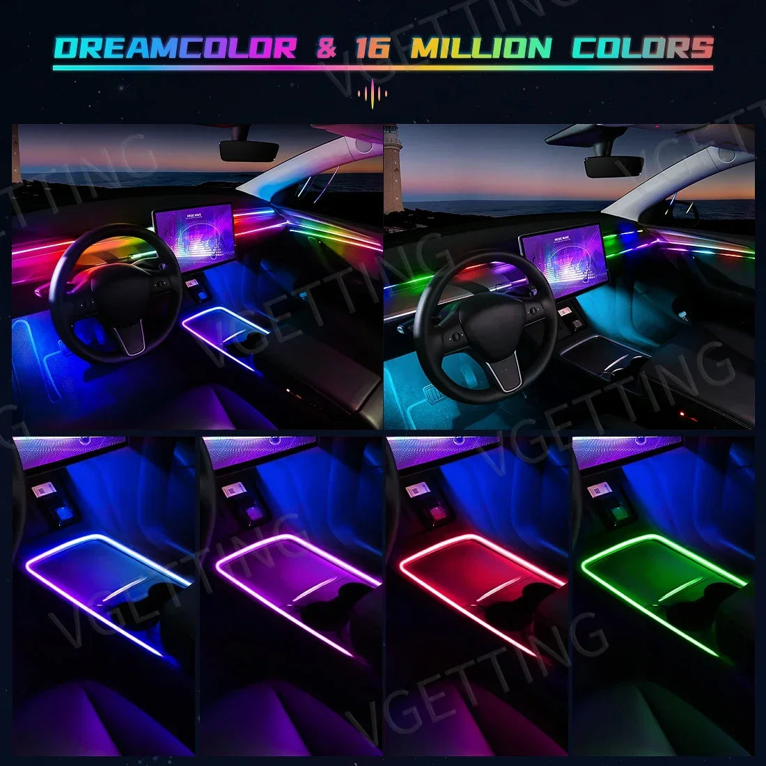 Vgetting 18 in 1 Car Ambient Lights Dual Zone Symphony RGB LED Interior Acrylic Strips Atmosphere Light Button APP Control 12V