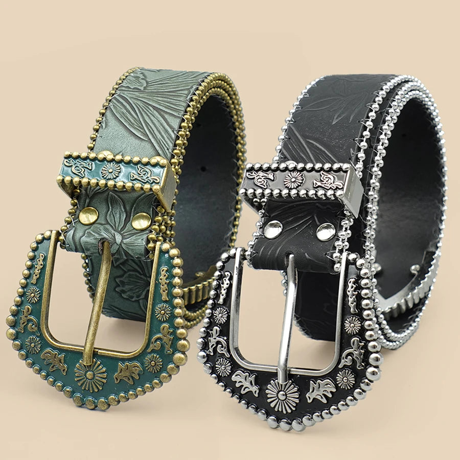 Bohemian Women's Belt with Metal Bead Accents - Vintage Carved Buckle & Leaf-Engraved Chain Detailing for Casual Elegance