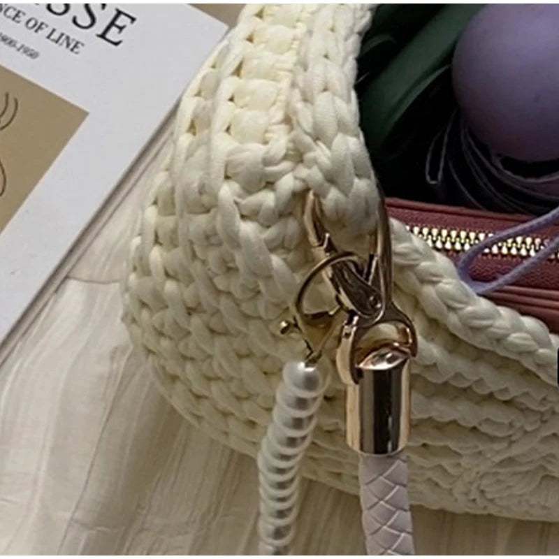 Milk White Shell Knit Crossbody Shoulder Bag Pearl Chain Woven Women Classy Bag