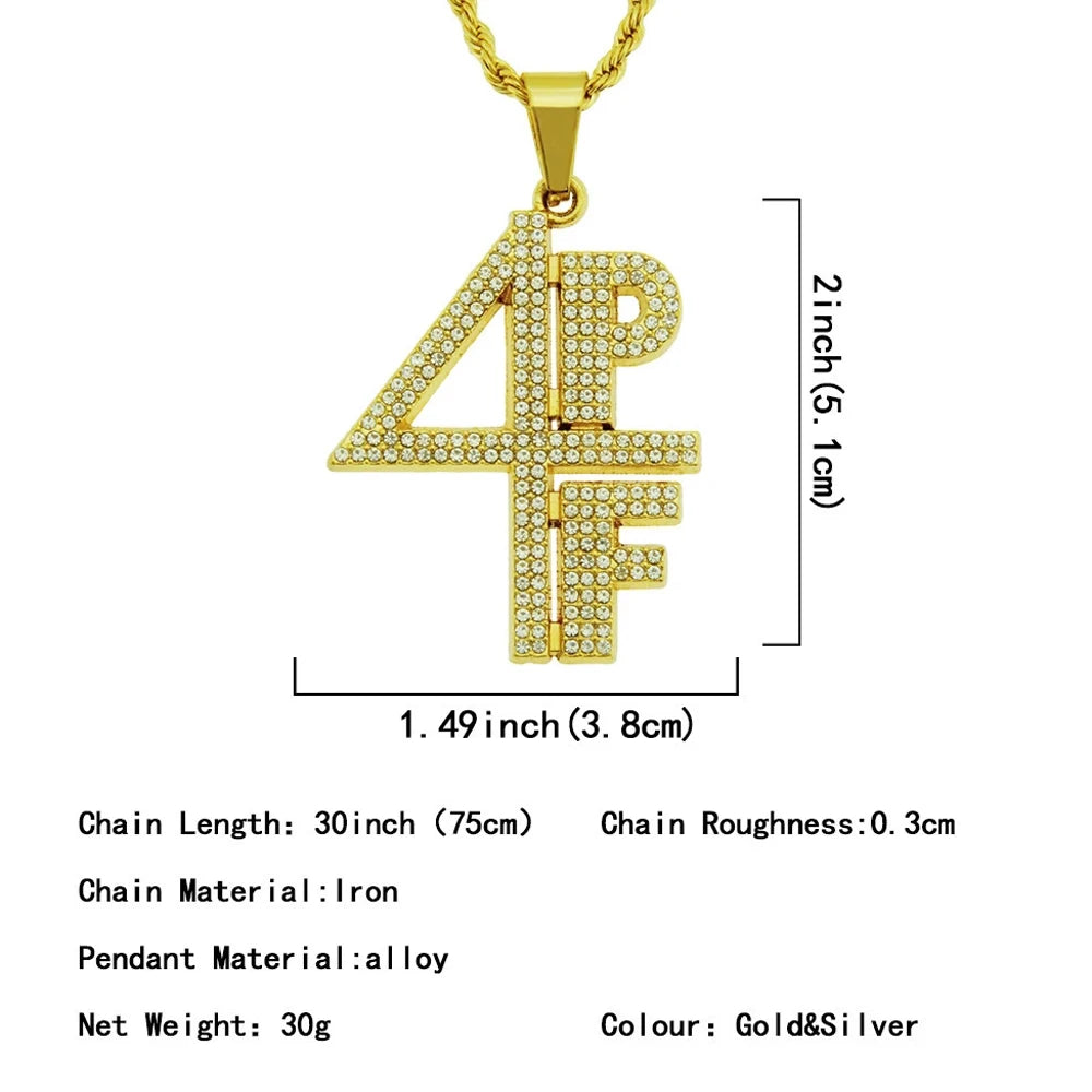 Men Women Hip Hop 4PF Letter Pendant Necklace Shiny Rhinestone Chain Iced out Bling Number Necklaces HipHop Charm Jewelry Gifts