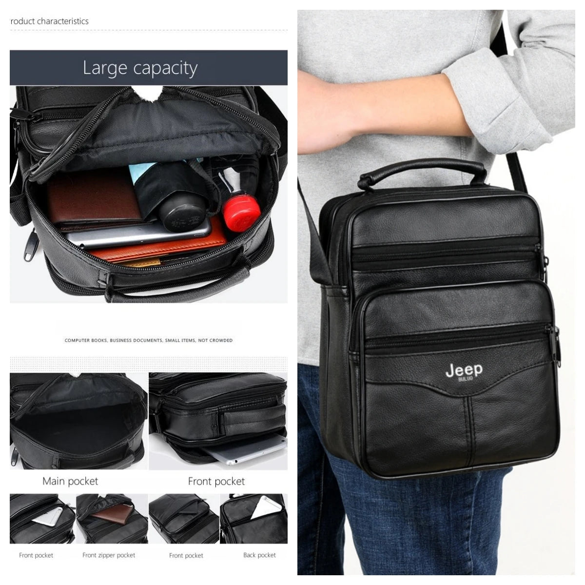 JEEP BULUO Men shoulder bag leather black business casual larg Crossbody Handbag
