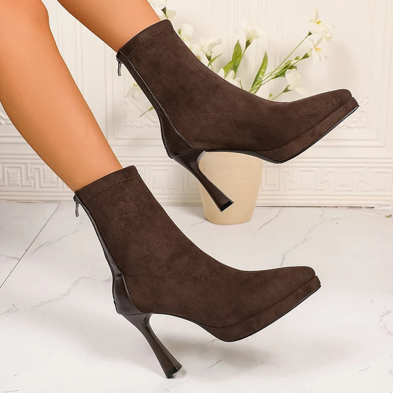 Sexy Pointed Toe Thin High Heels Boots Women Fashion Back Zipper Platform Ankle Boots Woman Super High Heeled Short Booties 42