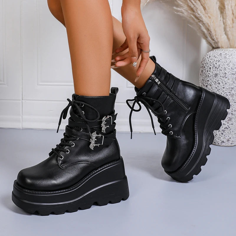 Chunky Wedges Punk Ankle Boots Women Fashion Super High Heels Motorcycle Boots Woman Lace Up Thick Bottom Black Gothic Shoes