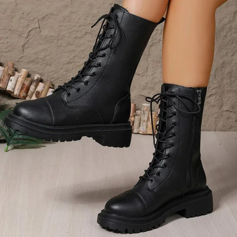 Fashion Solid Zip Mid Calf Boots for Women Autumn Winter Platform Heels Motorcycle Boots Women Temperament Lace-Up Shoes Woman