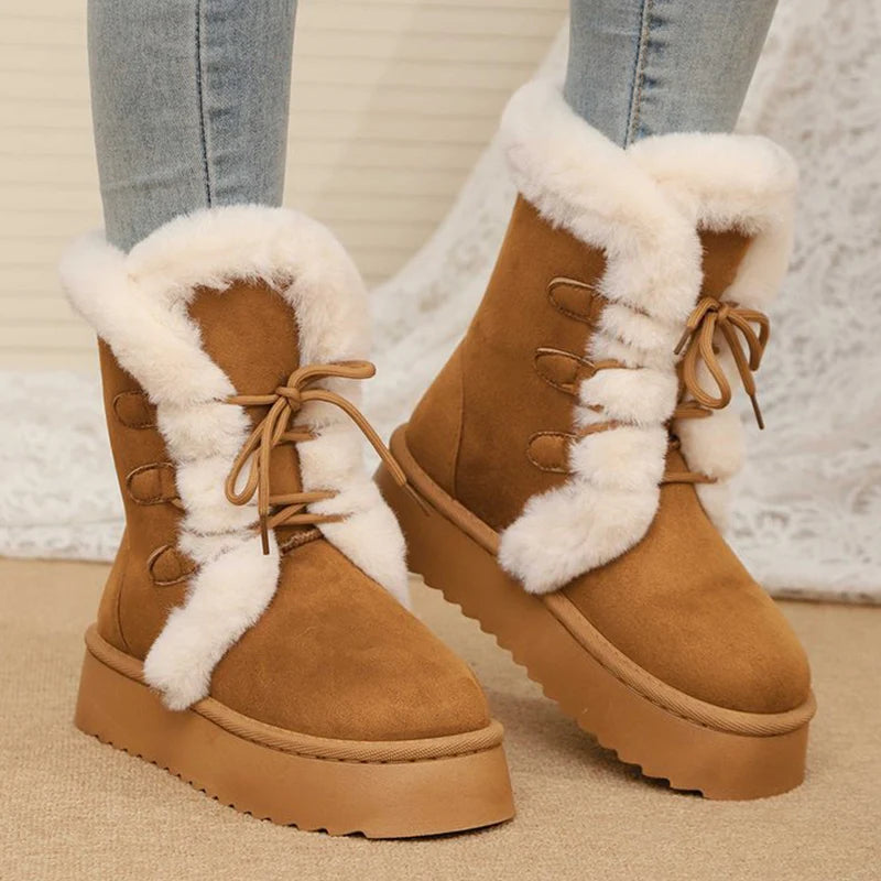 Lace Up Long Plush Snow Boots Women Plus Size 42 Thick Sole Warm Cotton Padded Shoes Woman Thicken Fleece Ankle Boots Female