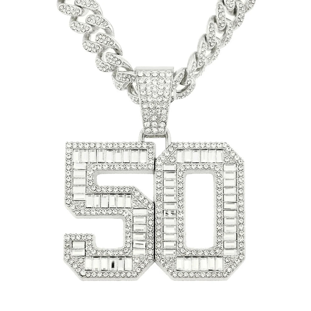 Men Women Hip Hop Number 50 Pendant Necklaces With 13mm Full Crystal Shiny Miami Cuban Chain Choker Fashion Charm Rapper Jewelry