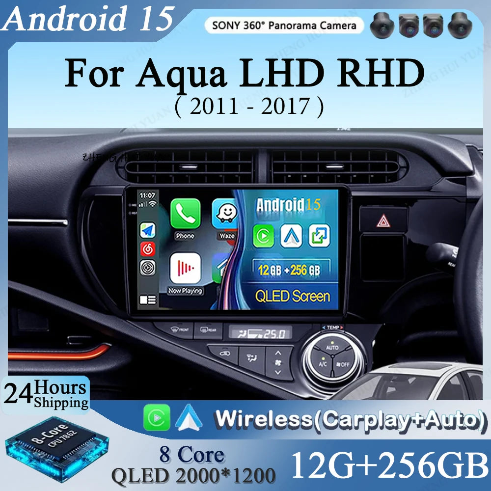 Android 15 CarPlay Auto For Toyota Aqua LHD RHD 2011 - 2017 Car Radio Multimedia navigation video DVD Autoradio Stereo 2din 4G