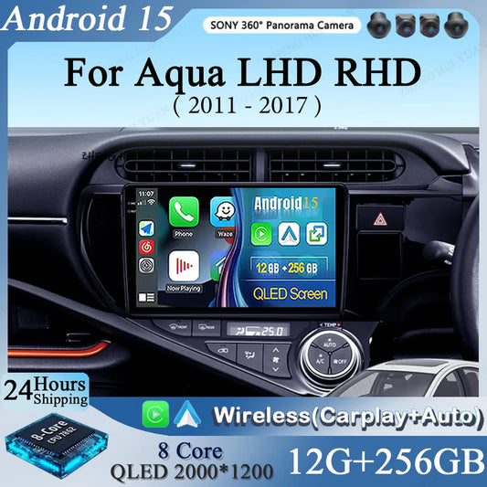 Android 15 CarPlay Auto For Toyota Aqua LHD RHD 2011 - 2017 Car Radio Multimedia navigation video DVD Autoradio Stereo 2din 4G