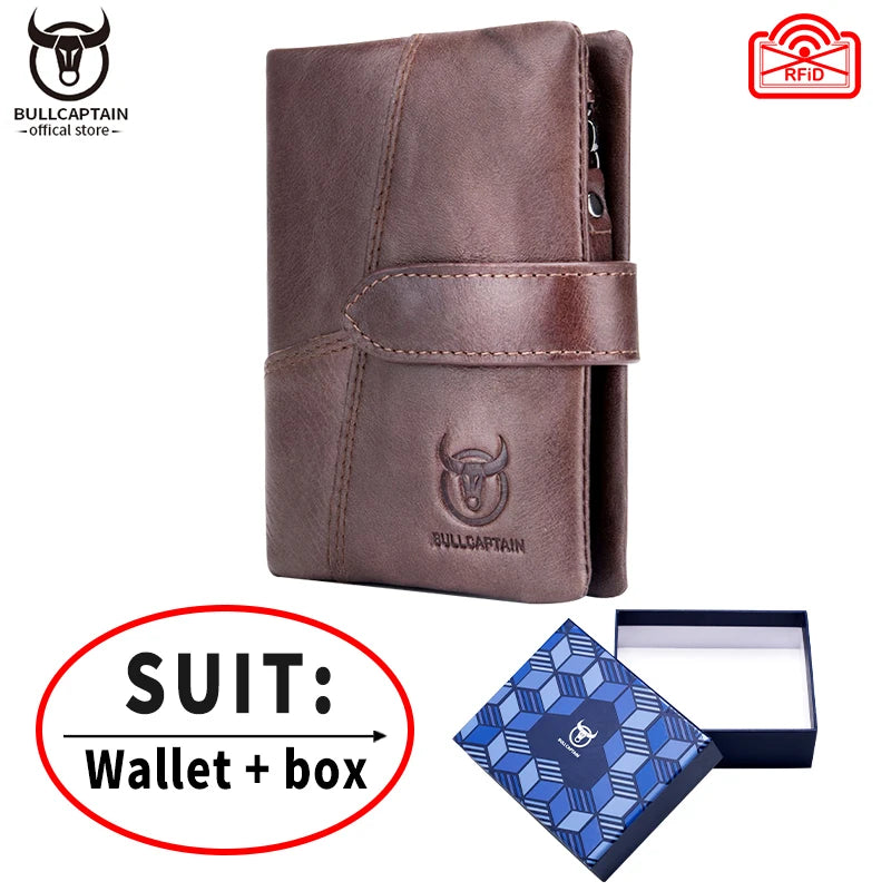 BULLCAPTAIN Men's Genuine Leather Wallet Retro Casual Snap Tri-fold Cash Clip RFID Anti-Theft Card Holder Detachable Coin Holder