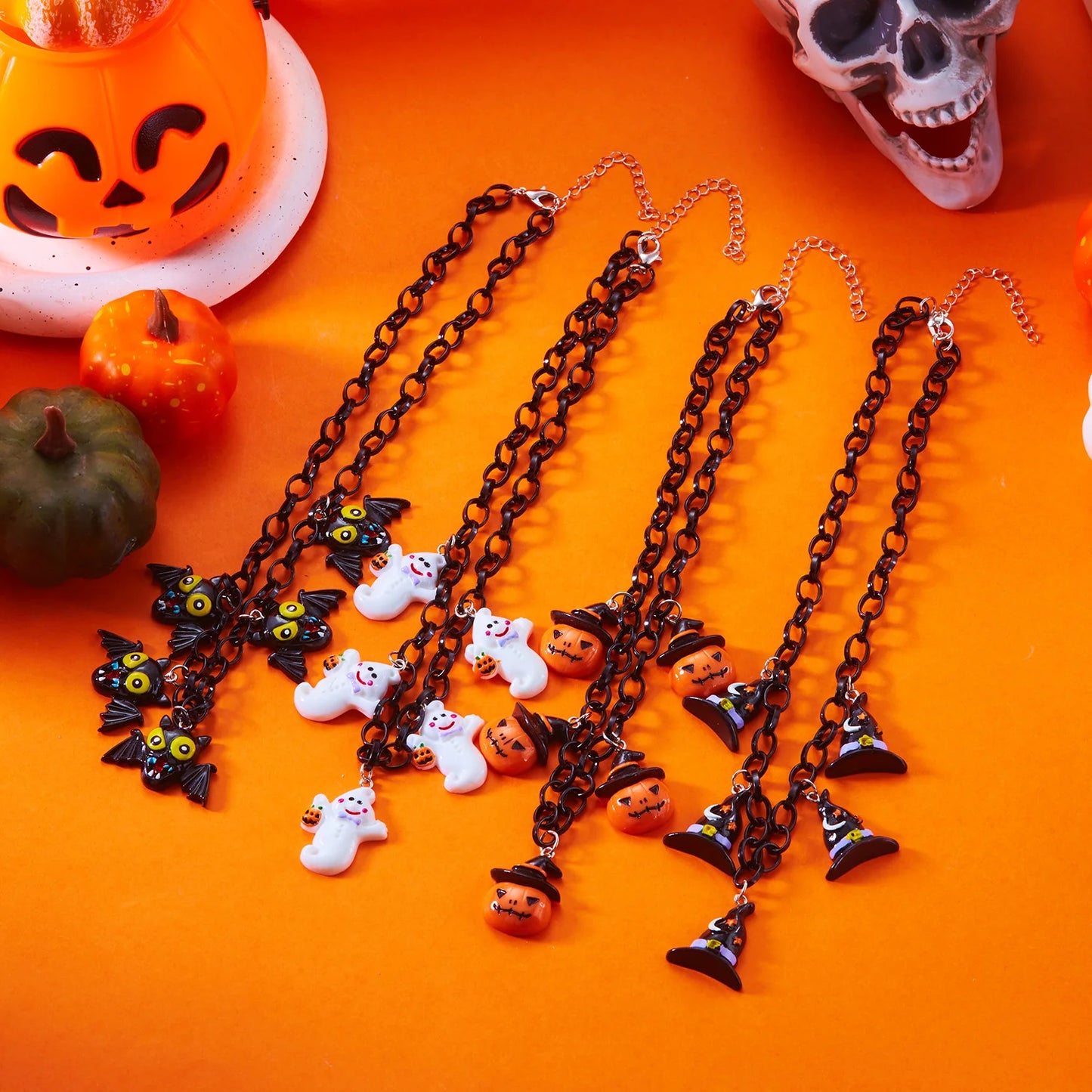 Trendy Goth Halloween Necklace for Women Cartoon Funny Pumpkin Ghost Bat Witch Pendant Necklace Girls Cosplay Party Jewelry Gift