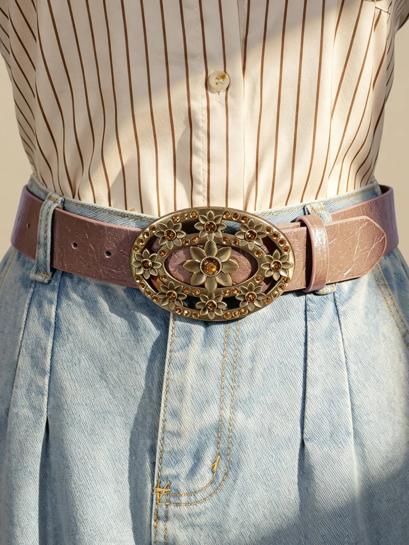 Vintage Floral Rhinestone Buckle Belt, Champagne Textured Women's Versatile Waistband