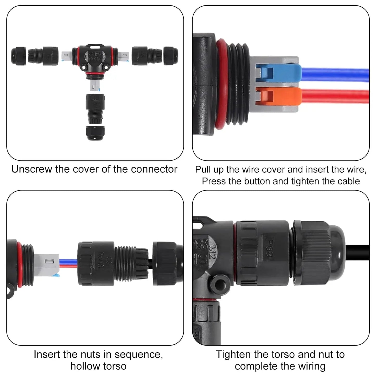 4pcs Upgraded Junction Box Outdoor Waterproof IP68, Outdoor 2 Way T Shape Junction Box Electrical Cable Connector for AWG 28-12