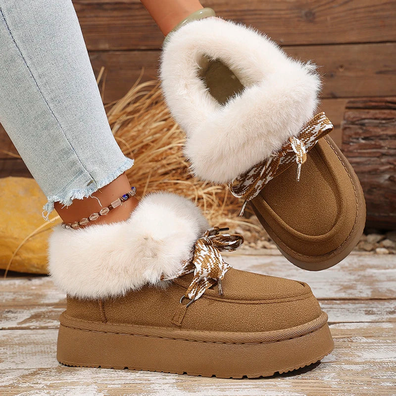 Faux Fur Thick Bottom Snow Boots Women Cross Lace Up Thicken Plush Warm Winter Boots Woman Slip On Platform Ankle Booties Mujer