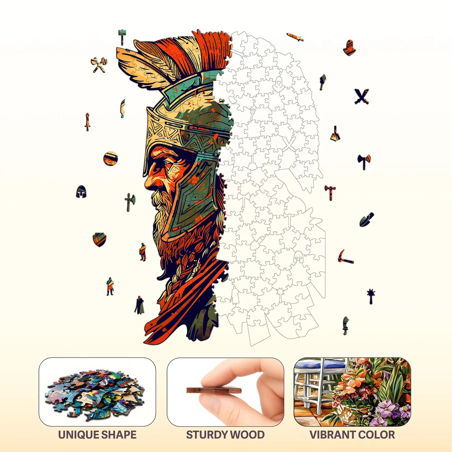 Brave Warrior Wooden Puzzle Retro Style Wooden Decor Christmas and Halloween Gift Toy for Teen and Kid