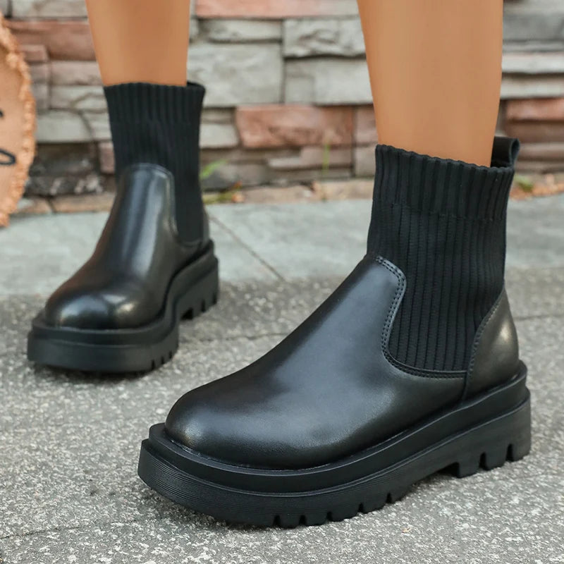Women's Slip-On Chunky Platform Boots Knitted Patchwork Pu Leather Thick Sole Boots Woman Comfy Non Slip Chelsea Botas Mujer