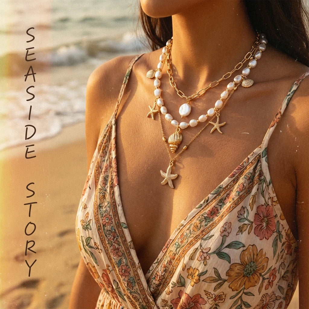 Vacation 3 Layer Starfish Conch Shell Faux Pearl Necklace Summer Beach Ocean Theme Boho Pendant Jewelry For Women