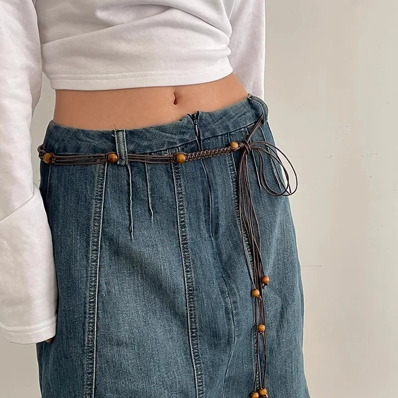 Ethnic Style Braided Waist Rope Slim Personality Tassel Hemp Rope Beaded Belt Ins Style Multi-Functional New