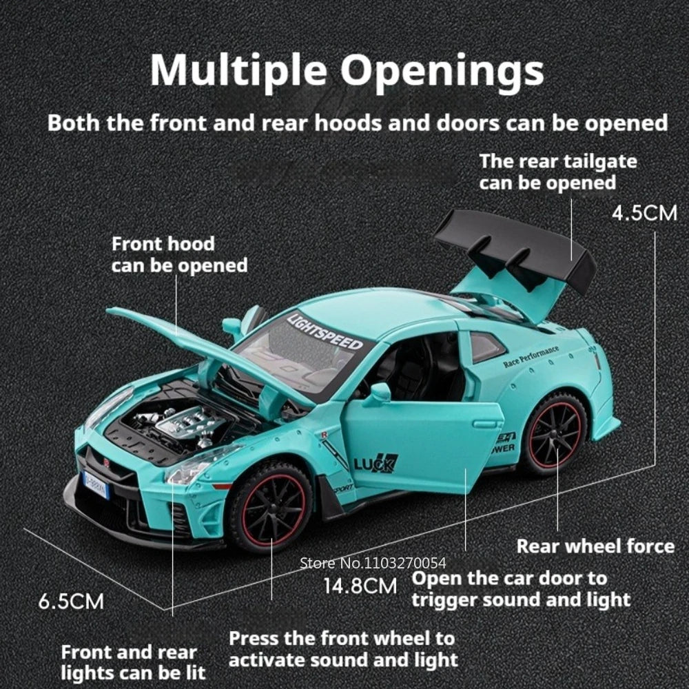 1: 32 GTR Skyline Alloy Diecast Models Toys Cars 4 Doors Opened with Sound Light Pull Back Miniature Sportscar Fashion Ornaments