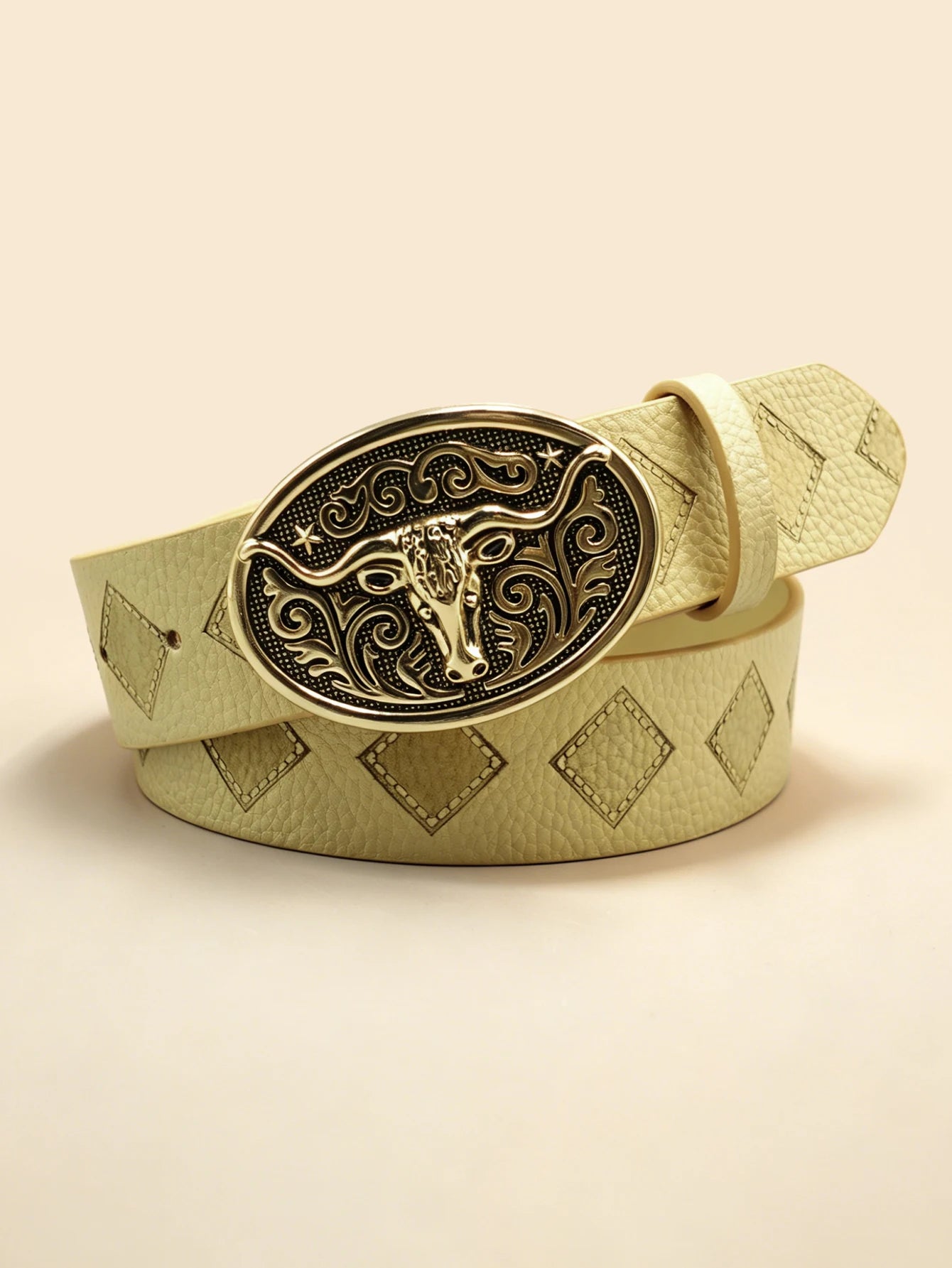 Western Bull Head Engraved Belt, Beige Diamond Embossed Gold Buckle Unisex Cowboy Waistband
