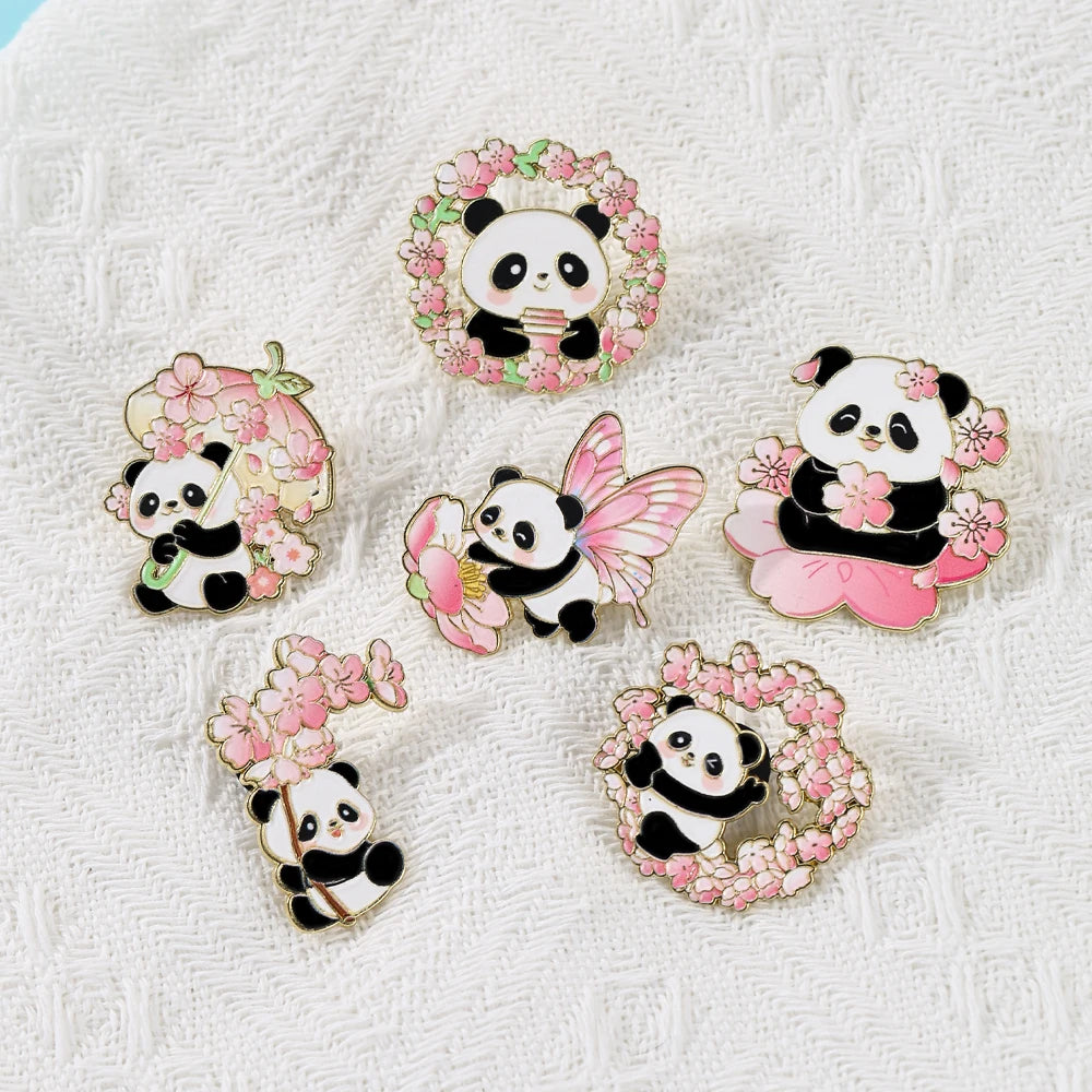6pcs Cute Cartoon Animal Enamel Brooches - Flower Panda Cherry Blossom & Butterfly Lapel Pins Metal Badges Jewelry Gift Set