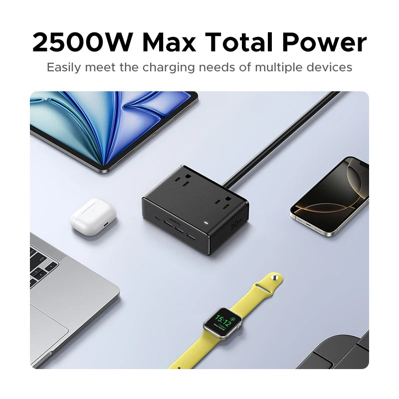 6in1 Power Strip UK/US Plug 2 AC 3 USB-A 1 USB-C 2990W 13A 250V Surge Protector